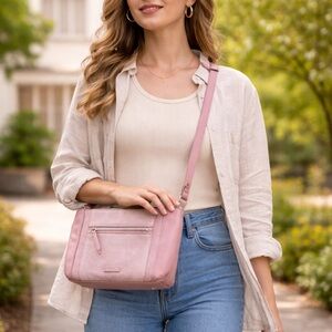 Vera Bradley Dusty Rose Pink Leather Suade Crossbody Bag Purse EUC